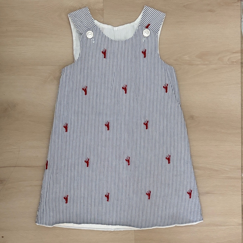 Lolly Wolly Doodle Blue & White Striped Pinafore with Red Embroidery